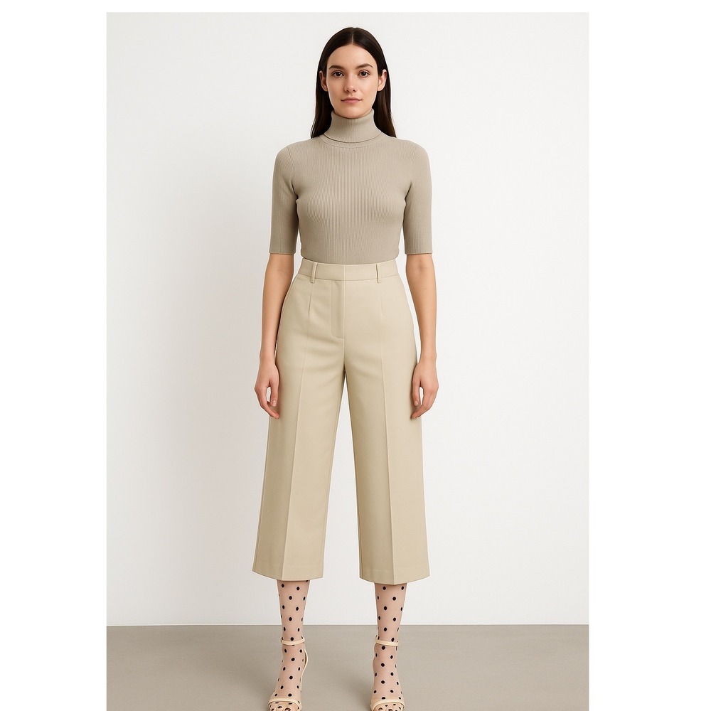 Zara Wide Leg Cropped Trousers XX Large High Waist Beige Dressy Pants‎ 69-15